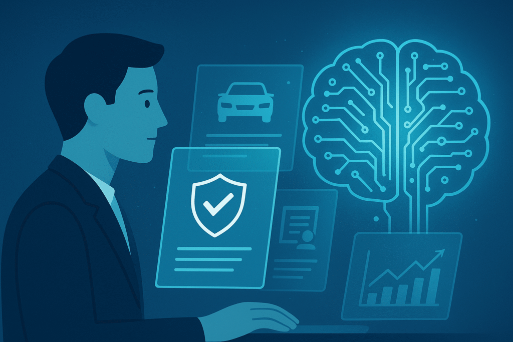 AI technology analyzing insurance data with digital brain and holographic screens representing artificial intelligence fraud detection in the insurance industry.