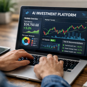 Beginner using AI investment tools on laptop analyzing stock market data Title: AI Investment Tools for Beginners